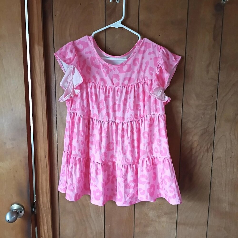 Women’s Pink Animal Print Ruffle Sleeve Tiered Blouse Top Size M